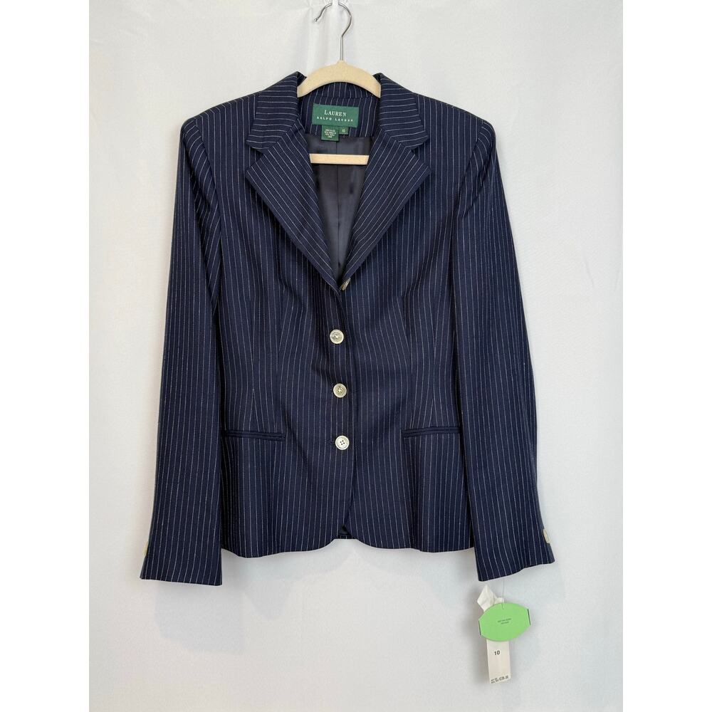 NWT Lauren Ralph Lauren Navy Pinstripe Blazer 10 Linen Wool Made in USA - Picture 2 of 11